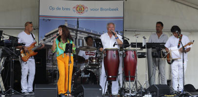 Kan een afbeelding zijn van 6 mensen, staande mensen, mensen die muziekinstrumenten bespelen en de tekst 'Op de bres voor Bronbeek'